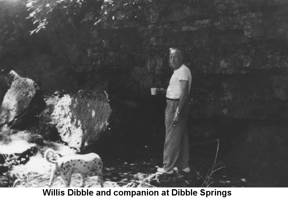 Black and white photo of Willis Dibble with greying hair, standing next to the boulders, and in front of the leaf-draped stone bank, near the water at Dibble Springs. He holds a coffee cup in his right hand and a cigarette in his left, and looks frankly at the camera. A dalmatian dog sniffs the ground nearby.